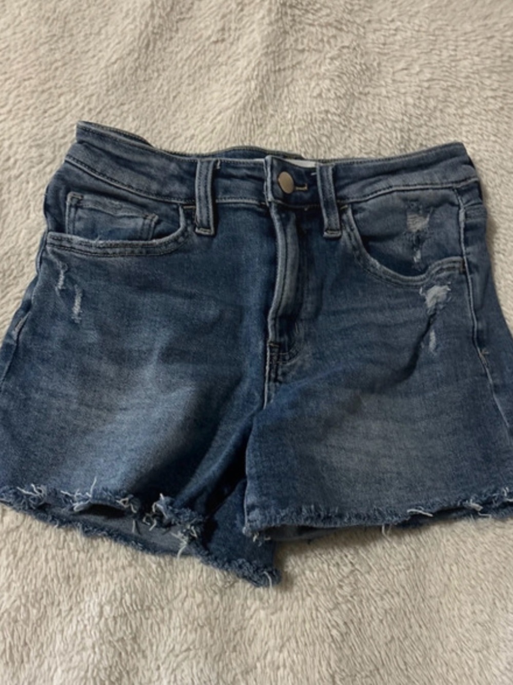 Altar'd State Dark Blue Distressed Frayed Hem Denim Shorts